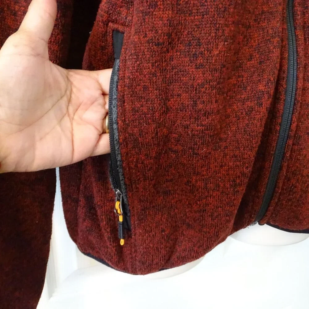 Orvis Men Red Gray Full Zip Knit Jacket Size M Elbow Patches High Collar Outdoor